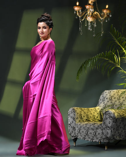 Women`s Soft Satin Silk Plain Saree for wedding, party, wear saree for women latest, design saree Satin Pure silk Crepe farewell party, wear dress Collection Plain sarees (Pink)