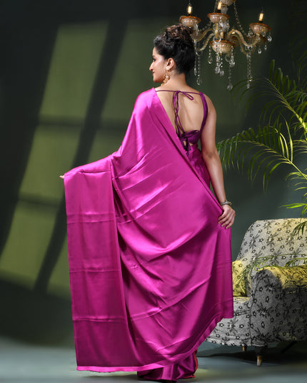 Women`s Soft Satin Silk Plain Saree for wedding, party, wear saree for women latest, design saree Satin Pure silk Crepe farewell party, wear dress Collection Plain sarees (Pink)