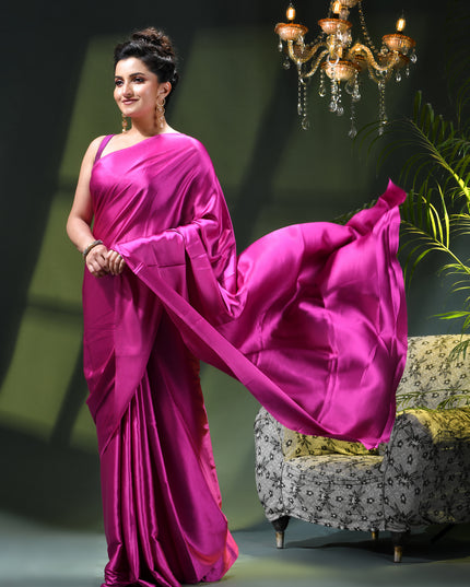 Women`s Soft Satin Silk Plain Saree for wedding, party, wear saree for women latest, design saree Satin Pure silk Crepe farewell party, wear dress Collection Plain sarees (Pink)