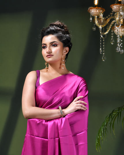 Women`s Soft Satin Silk Plain Saree for wedding, party, wear saree for women latest, design saree Satin Pure silk Crepe farewell party, wear dress Collection Plain sarees (Pink)