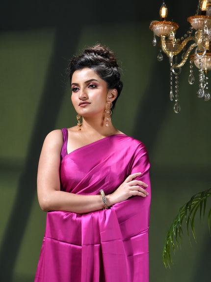 Women`s Soft Satin Silk Plain Saree for wedding, party, wear saree for women latest, design saree Satin Pure silk Crepe farewell party, wear dress Collection Plain sarees (Pink)