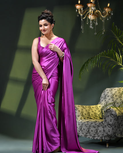 Women`s Soft Satin Silk Plain Saree for wedding, party, wear saree for women latest, design saree Satin Pure silk Crepe farewell party, wear dress Collection Plain sarees (Purple)