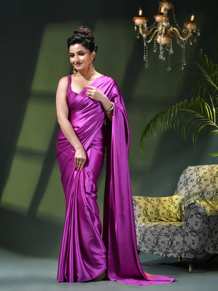 Women`s Soft Satin Silk Plain Saree for wedding, party, wear saree for women latest, design saree Satin Pure silk Crepe farewell party, wear dress Collection Plain sarees (Purple)