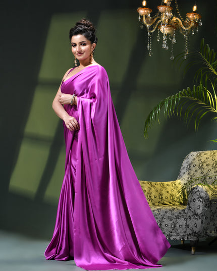Women`s Soft Satin Silk Plain Saree for wedding, party, wear saree for women latest, design saree Satin Pure silk Crepe farewell party, wear dress Collection Plain sarees (Purple)