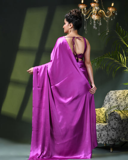 Women`s Soft Satin Silk Plain Saree for wedding, party, wear saree for women latest, design saree Satin Pure silk Crepe farewell party, wear dress Collection Plain sarees (Purple)