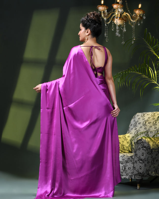 Women`s Soft Satin Silk Plain Saree for wedding, party, wear saree for women latest, design saree Satin Pure silk Crepe farewell party, wear dress Collection Plain sarees (Purple)