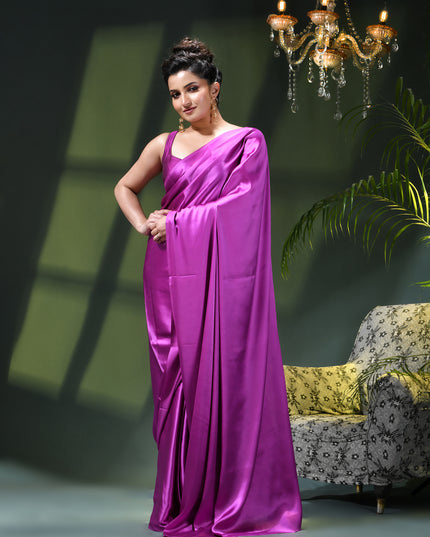 Women`s Soft Satin Silk Plain Saree for wedding, party, wear saree for women latest, design saree Satin Pure silk Crepe farewell party, wear dress Collection Plain sarees (Purple)