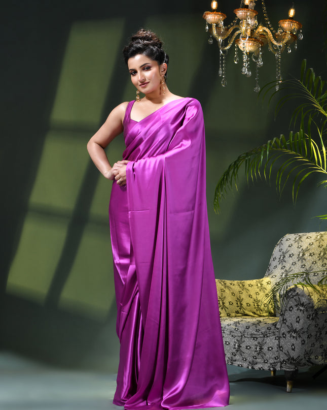 Women`s Soft Satin Silk Plain Saree for wedding, party, wear saree for women latest, design saree Satin Pure silk Crepe farewell party, wear dress Collection Plain sarees (Purple)