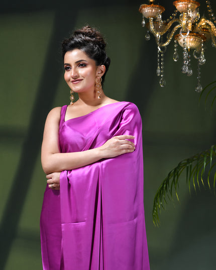 Women`s Soft Satin Silk Plain Saree for wedding, party, wear saree for women latest, design saree Satin Pure silk Crepe farewell party, wear dress Collection Plain sarees (Purple)