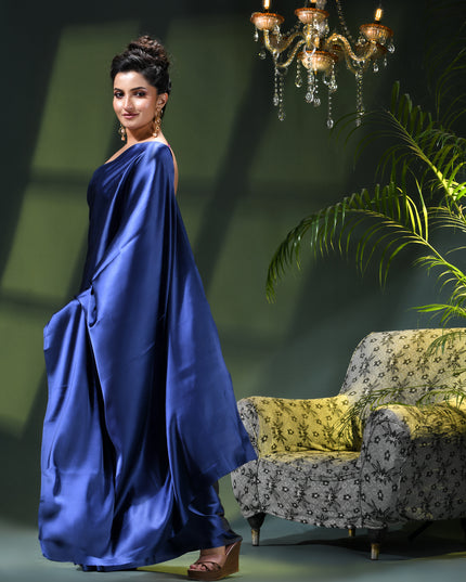 Women`s Soft Satin Silk Plain Saree for wedding, party, wear saree for women latest, design saree Satin Pure silk Crepe farewell party, wear dress Collection Plain sarees (Royal Blue)