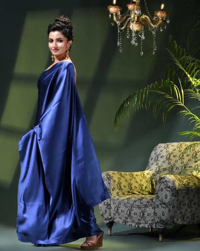 Women`s Soft Satin Silk Plain Saree for wedding, party, wear saree for women latest, design saree Satin Pure silk Crepe farewell party, wear dress Collection Plain sarees (Royal Blue)