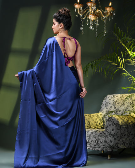 Women`s Soft Satin Silk Plain Saree for wedding, party, wear saree for women latest, design saree Satin Pure silk Crepe farewell party, wear dress Collection Plain sarees (Royal Blue)