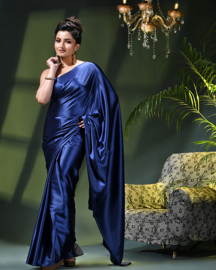 Women`s Soft Satin Silk Plain Saree for wedding, party, wear saree for women latest, design saree Satin Pure silk Crepe farewell party, wear dress Collection Plain sarees (Royal Blue)