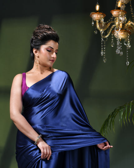 Women`s Soft Satin Silk Plain Saree for wedding, party, wear saree for women latest, design saree Satin Pure silk Crepe farewell party, wear dress Collection Plain sarees (Royal Blue)