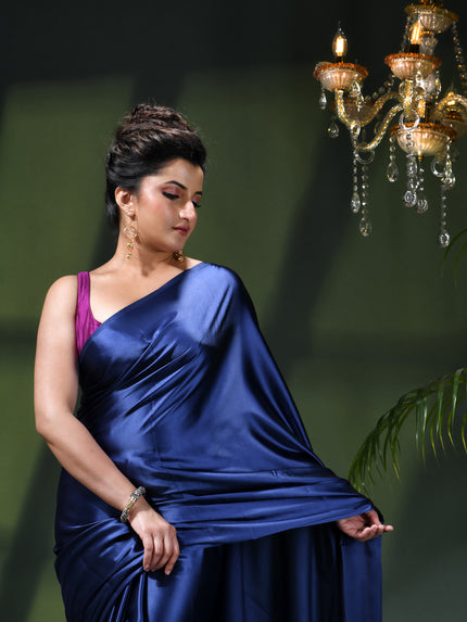 Women`s Soft Satin Silk Plain Saree for wedding, party, wear saree for women latest, design saree Satin Pure silk Crepe farewell party, wear dress Collection Plain sarees (Royal Blue)