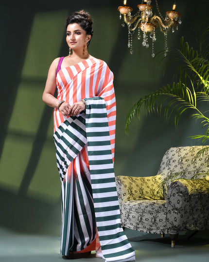 Women’s Silk Fancy party, wear saree chiffon georgette Pure crepe sarees for women latest, Suhasini Plain Printed Soft silk Festive wedding Saree With Blouse Piece (Tri Color Strip)