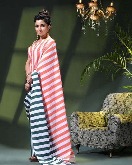 Women’s Silk Fancy party, wear saree chiffon georgette Pure crepe sarees for women latest, Suhasini Plain Printed Soft silk Festive wedding Saree With Blouse Piece (Tri Color Strip)