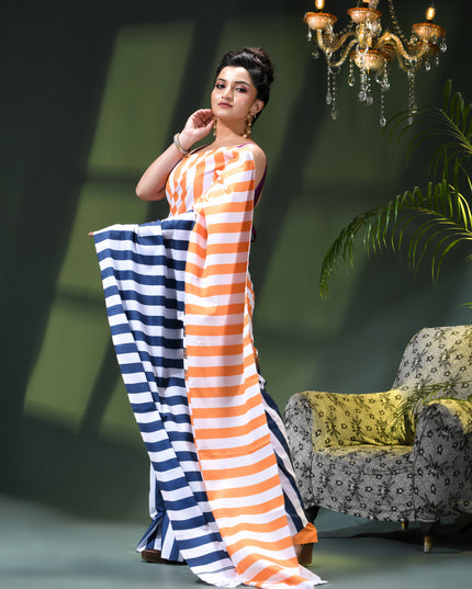 Women’s Silk Fancy party, wear saree chiffon georgette Pure crepe sarees for women latest, Suhasini Plain Printed Soft silk Festive wedding Saree With Blouse Piece (Orange Blue Strip)