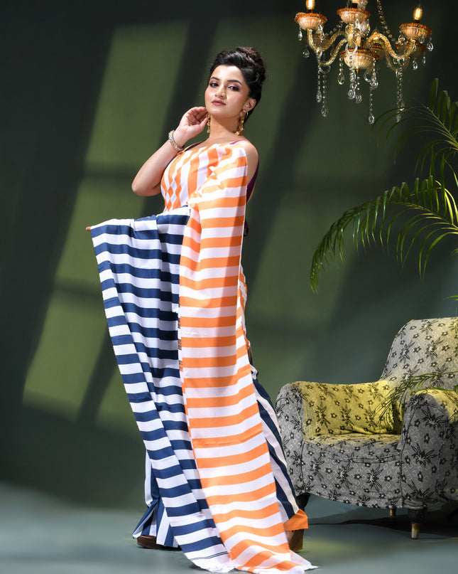 Women’s Silk Fancy party, wear saree chiffon georgette Pure crepe sarees for women latest, Suhasini Plain Printed Soft silk Festive wedding Saree With Blouse Piece (Orange Blue Strip)