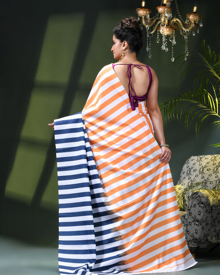 Women’s Silk Fancy party, wear saree chiffon georgette Pure crepe sarees for women latest, Suhasini Plain Printed Soft silk Festive wedding Saree With Blouse Piece (Orange Blue Strip)