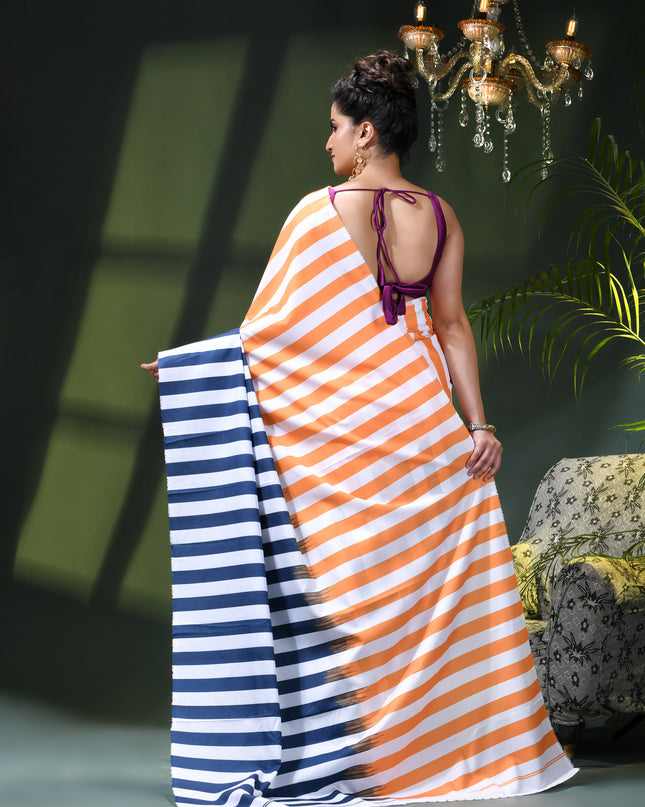 Women’s Silk Fancy party, wear saree chiffon georgette Pure crepe sarees for women latest, Suhasini Plain Printed Soft silk Festive wedding Saree With Blouse Piece (Orange Blue Strip)