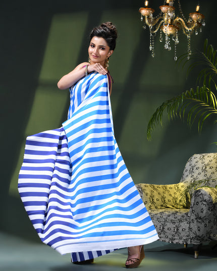 Women’s Silk Fancy party, wear saree chiffon georgette Pure crepe sarees for women latest, Suhasini Plain Printed Soft silk Festive wedding Saree With Blouse Piece (Royel Blue Strip)