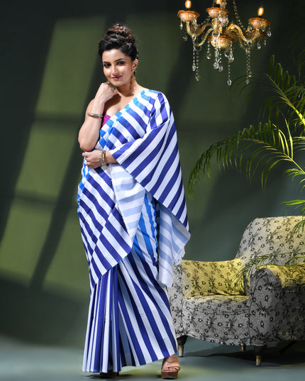Women’s Silk Fancy party, wear saree chiffon georgette Pure crepe sarees for women latest, Suhasini Plain Printed Soft silk Festive wedding Saree With Blouse Piece (Royel Blue Strip)