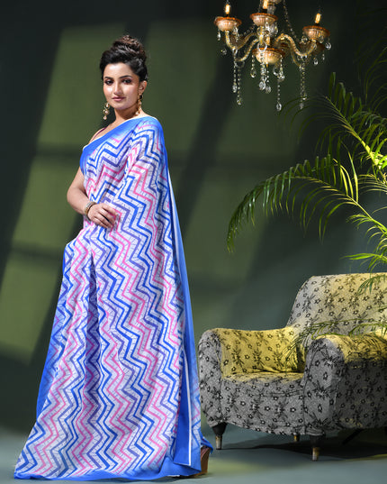 Womens georgette party, wear saree for farewell chiffon sarees women latest Rekhamaya design printed cotton New Sari chiffon silk Saree wedding saree for woman(Blue Baby Pink)