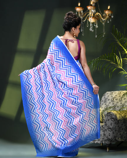 Womens georgette party, wear saree for farewell chiffon sarees women latest Rekhamaya design printed cotton New Sari chiffon silk Saree wedding saree for woman(Blue Baby Pink)