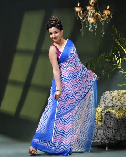 Womens georgette party, wear saree for farewell chiffon sarees women latest Rekhamaya design printed cotton New Sari chiffon silk Saree wedding saree for woman(Blue Baby Pink)