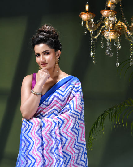 Womens georgette party, wear saree for farewell chiffon sarees women latest Rekhamaya design printed cotton New Sari chiffon silk Saree wedding saree for woman(Blue Baby Pink)