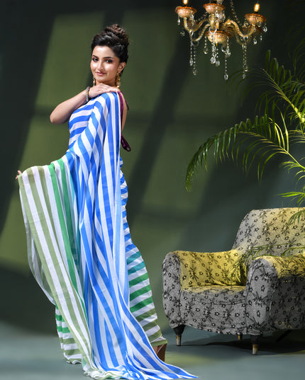 Women`s georgette party, wear saree for farewell chiffon sarees women latest, Chandni design chiffon printed cotton silk Saree wedding, function saree for woman (Blue Green)
