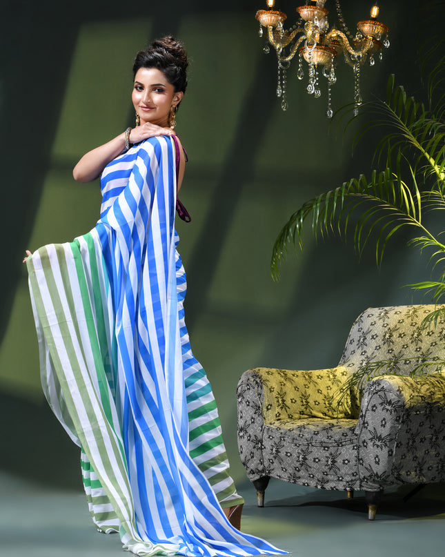 Women`s georgette party, wear saree for farewell chiffon sarees women latest, Chandni design chiffon printed cotton silk Saree wedding, function saree for woman (Blue Green)