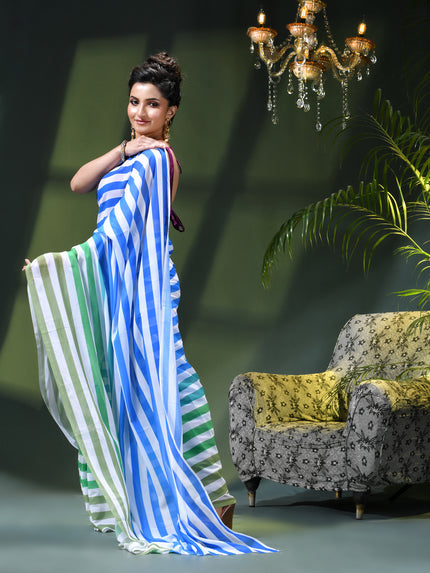 Women`s georgette party, wear saree for farewell chiffon sarees women latest, Chandni design chiffon printed cotton silk Saree wedding, function saree for woman (Blue Green)