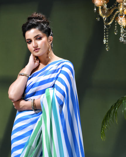 Women`s georgette party, wear saree for farewell chiffon sarees women latest, Chandni design chiffon printed cotton silk Saree wedding, function saree for woman (Blue Green)