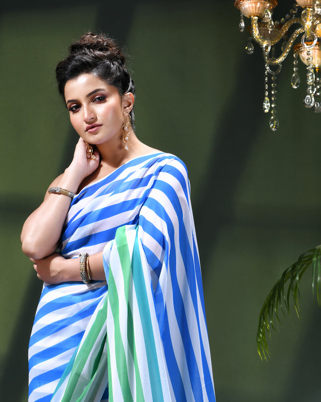 Women`s georgette party, wear saree for farewell chiffon sarees women latest, Chandni design chiffon printed cotton silk Saree wedding, function saree for woman (Blue Green)