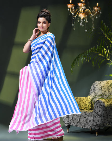 Women`s georgette party, wear saree for farewell chiffon sarees women latest, Chandni design chiffon printed cotton silk Saree wedding, function saree for woman (Blue Pink)