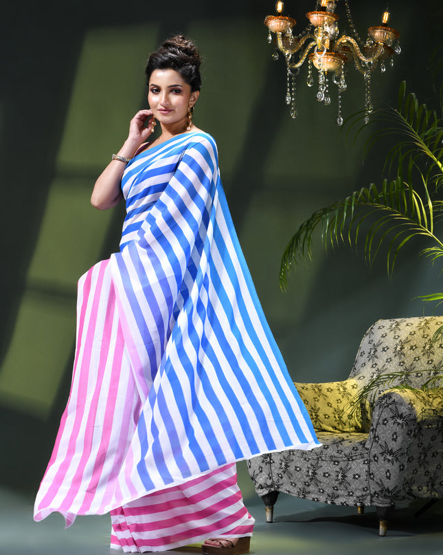 Women`s georgette party, wear saree for farewell chiffon sarees women latest, Chandni design chiffon printed cotton silk Saree wedding, function saree for woman (Blue Pink)