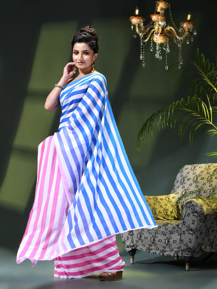 Women`s georgette party, wear saree for farewell chiffon sarees women latest, Chandni design chiffon printed cotton silk Saree wedding, function saree for woman (Blue Pink)