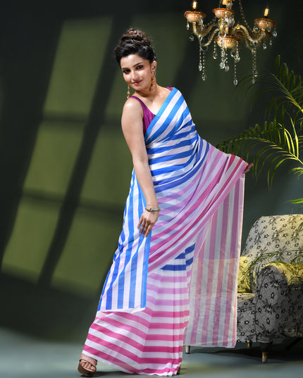 Women`s georgette party, wear saree for farewell chiffon sarees women latest, Chandni design chiffon printed cotton silk Saree wedding, function saree for woman (Blue Pink)