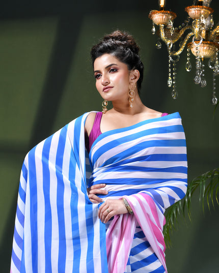 Women`s georgette party, wear saree for farewell chiffon sarees women latest, Chandni design chiffon printed cotton silk Saree wedding, function saree for woman (Blue Pink)