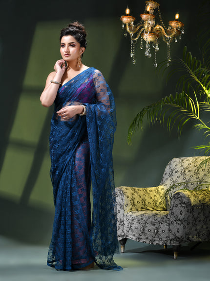 Women’s Net Sequin Embroidered saree Soft Net saree party, wear Chiffon wedding Silk georgette latest, Net sarees Heavy design Function Festive farewell saree for women (Blue)