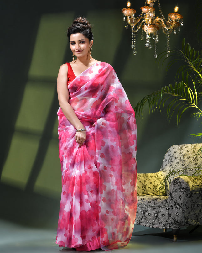 Women`s Printed Organza Saree Semi-Transparent Party, Wear weddings latest, Trending Design sarees Fancy banarasi organza silk saree for Farewell Pink White Sarees for Women