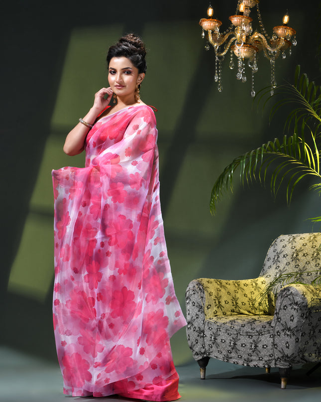 Women`s Printed Organza Saree Semi-Transparent Party, Wear weddings latest, Trending Design sarees Fancy banarasi organza silk saree for Farewell Pink White Sarees for Women