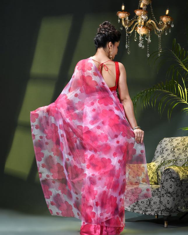 Women`s Printed Organza Saree Semi-Transparent Party, Wear weddings latest, Trending Design sarees Fancy banarasi organza silk saree for Farewell Pink White Sarees for Women