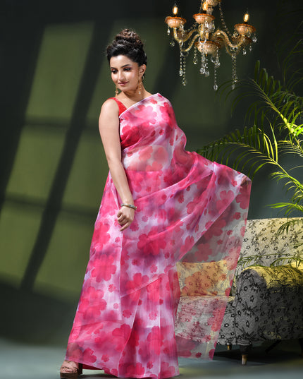 Women`s Printed Organza Saree Semi-Transparent Party, Wear weddings latest, Trending Design sarees Fancy banarasi organza silk saree for Farewell Pink White Sarees for Women