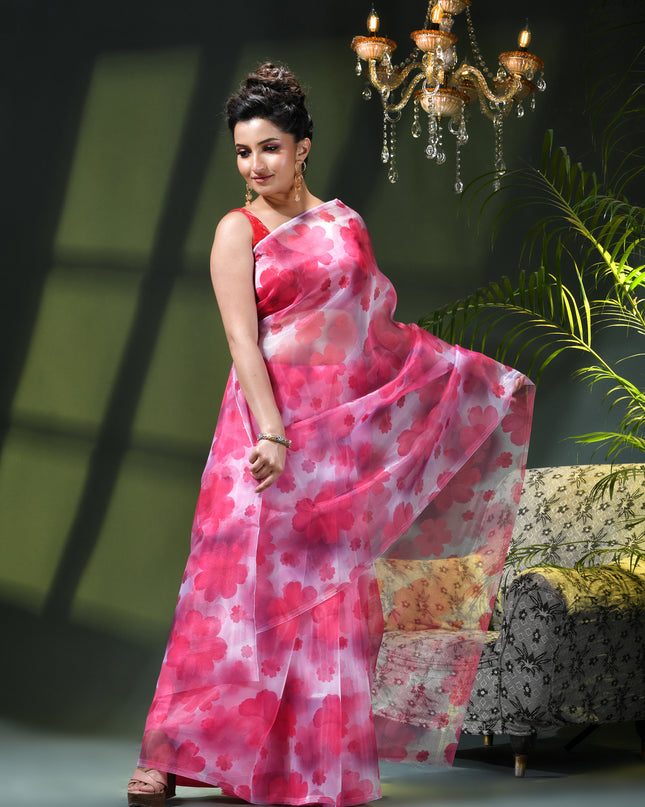Women`s Printed Organza Saree Semi-Transparent Party, Wear weddings latest, Trending Design sarees Fancy banarasi organza silk saree for Farewell Pink White Sarees for Women