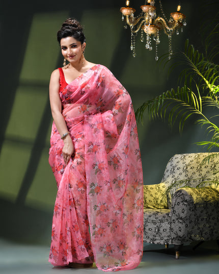 Women`s Printed Organza Saree Semi-Transparent Party, Wear weddings latest, Trending Design sarees Fancy banarasi organza silk saree for Farewell Baby Pink Sarees for Women