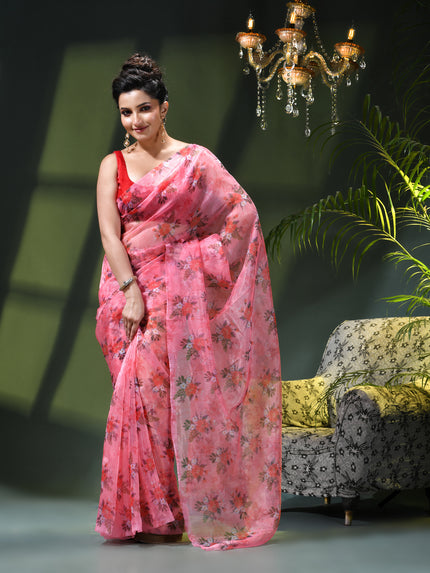 Women`s Printed Organza Saree Semi-Transparent Party, Wear weddings latest, Trending Design sarees Fancy banarasi organza silk saree for Farewell Baby Pink Sarees for Women