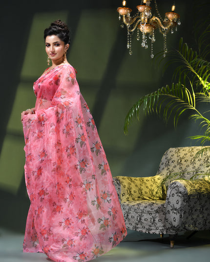 Women`s Printed Organza Saree Semi-Transparent Party, Wear weddings latest, Trending Design sarees Fancy banarasi organza silk saree for Farewell Baby Pink Sarees for Women